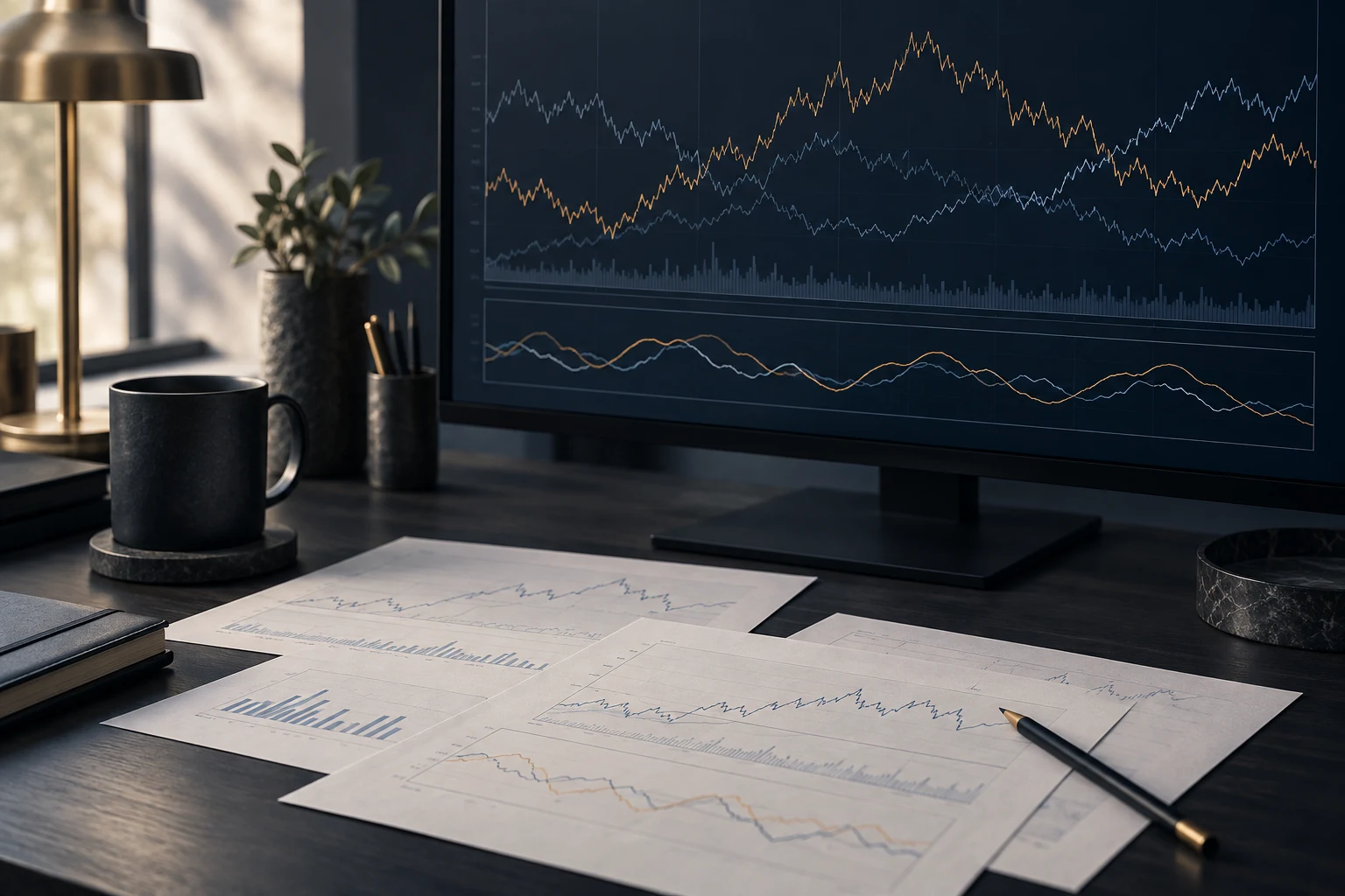 Konzeptioneller Research-Arbeitsplatz mit historischen Kursverläufen auf einem Monitor und gedruckten Analysen