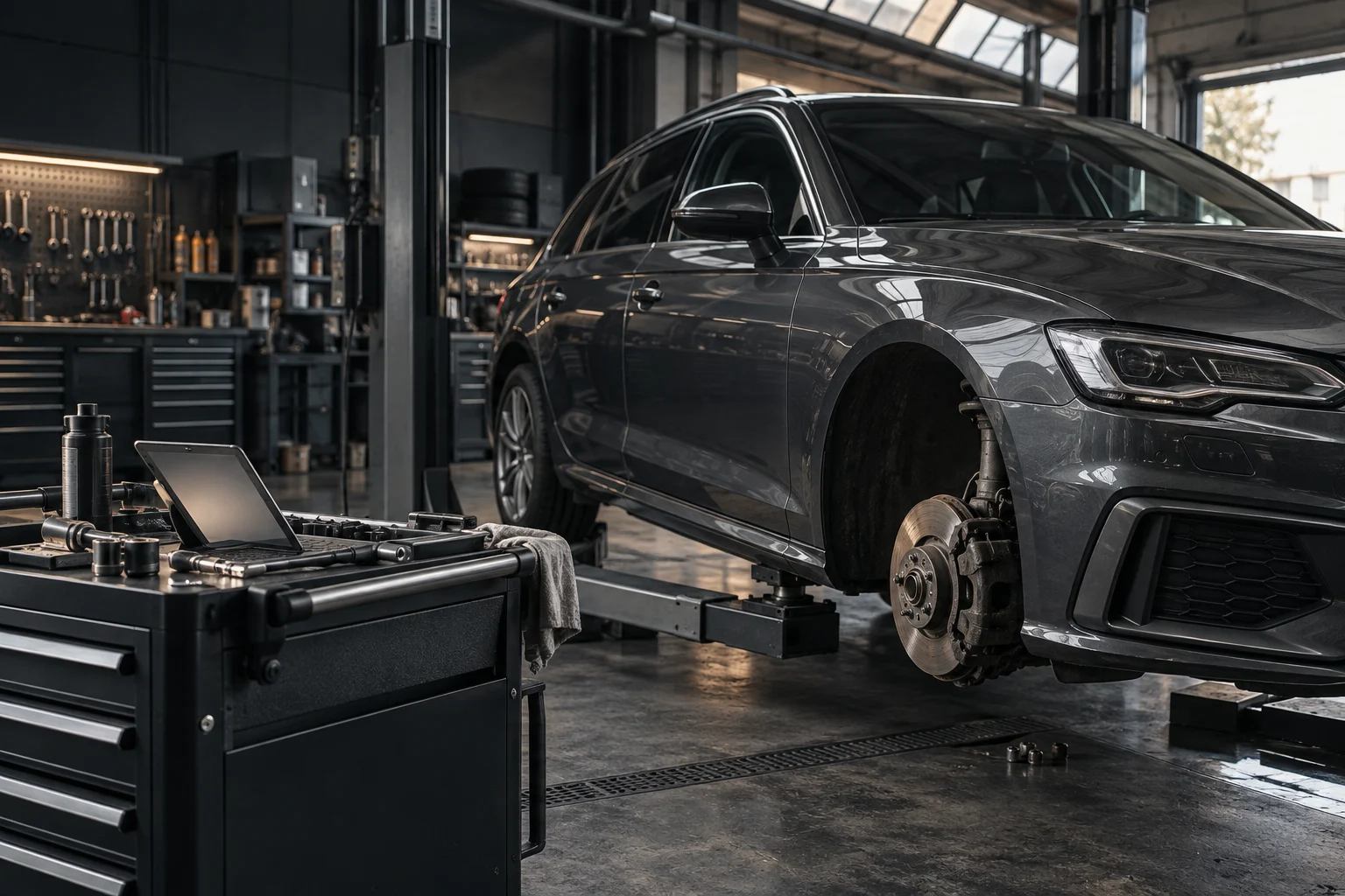 Konzeptionelles Bildmotiv einer modernen Kfz-Werkstatt mit Fahrzeug und Diagnosearbeitsplatz