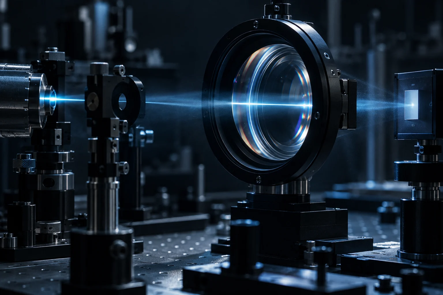 Inszenierter optischer Versuchsaufbau mit Präzisionslinse und einem feinen Lichtstrahl